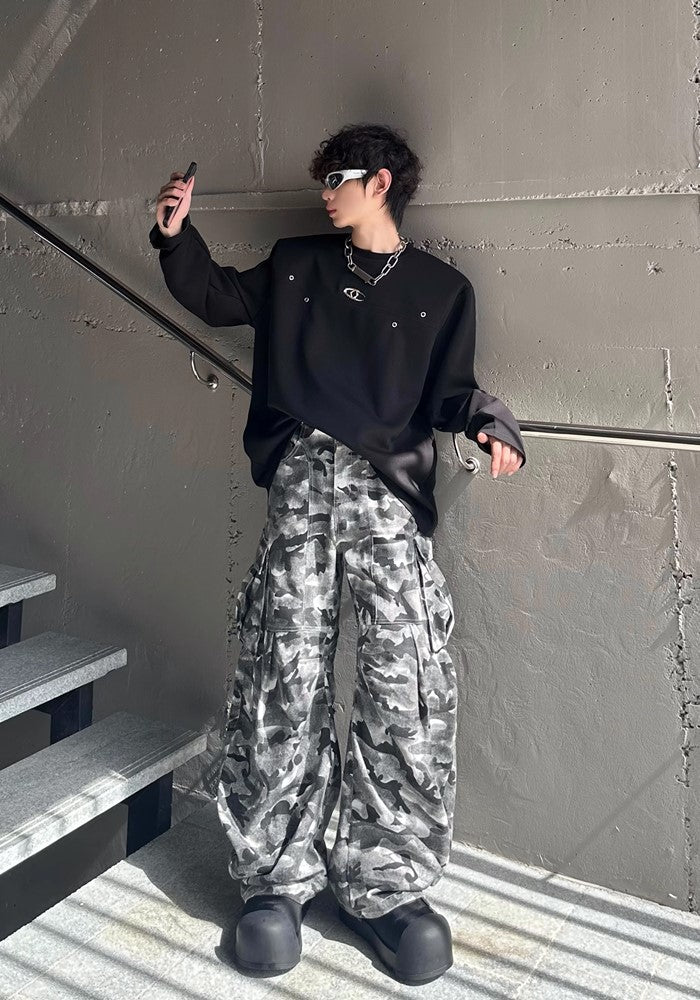 【MARTHENAUT】Dark monotone camouflage color design wide cargo pants  MH0039