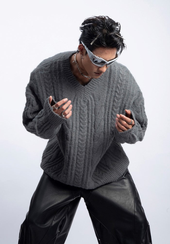 【PLAN1ONE】Simple baseline design V-neck silhouette knit sweater  PL0050