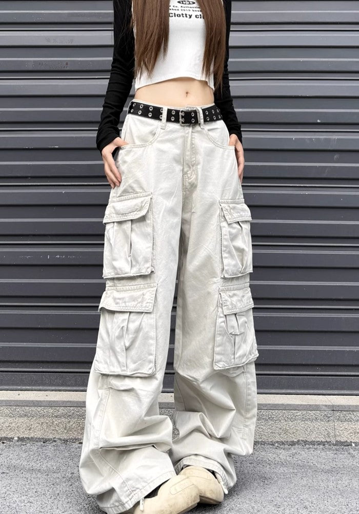 【W3】Double pocket wide silhouette base muted color cargo pants  WO0082