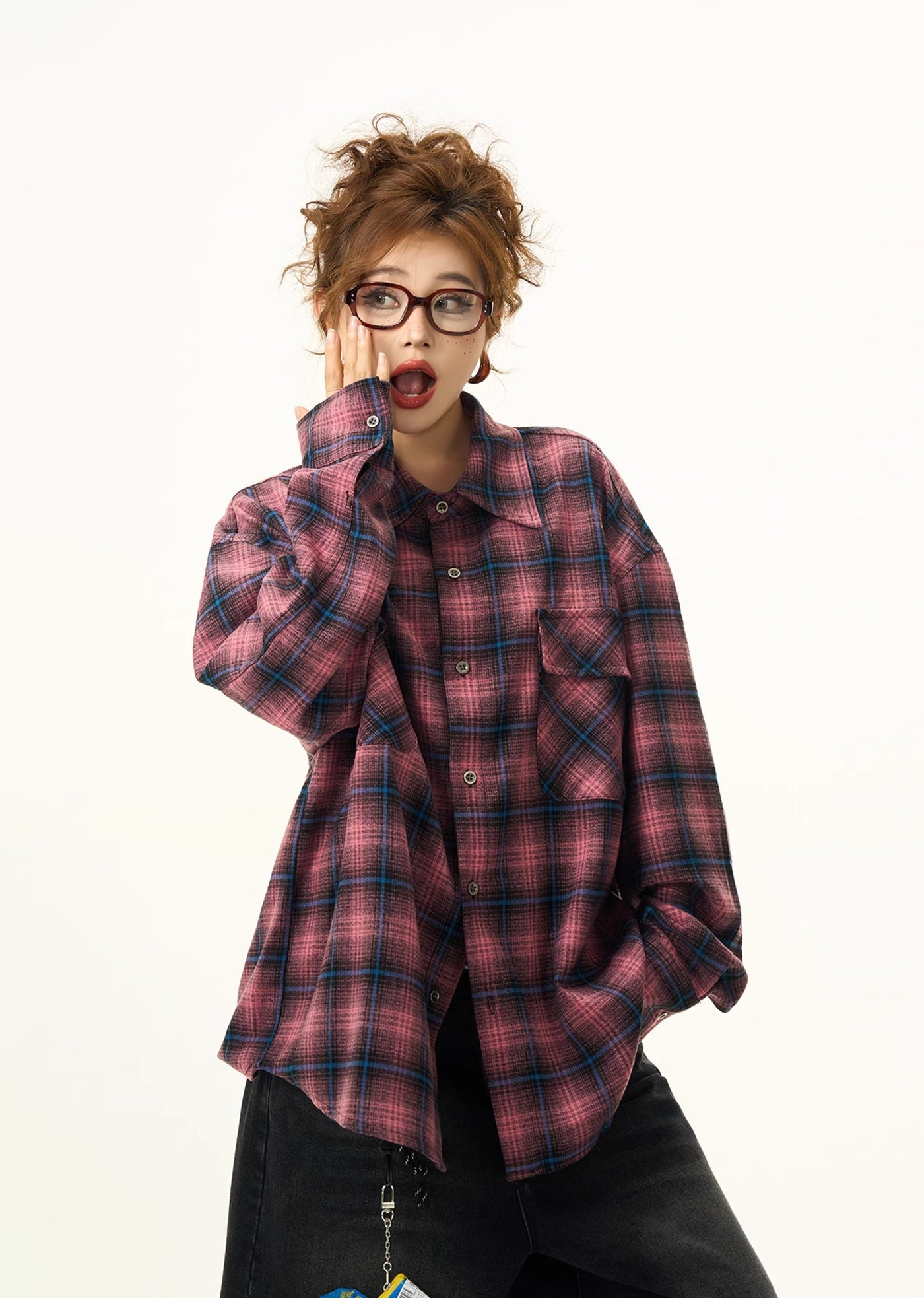 【H GANG X】Regular check pattern design loose collar long sleeve shirt  HX0064