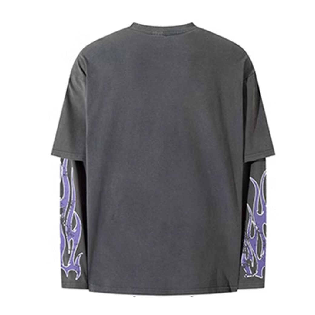 【NIHAOHAO】Number initial primary color flame design layered long sleeve T-shirt  NH0143