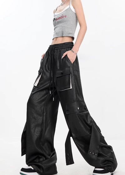 【Ken studio】Shiny design color loose over leather fabric cargo pants  KS0012