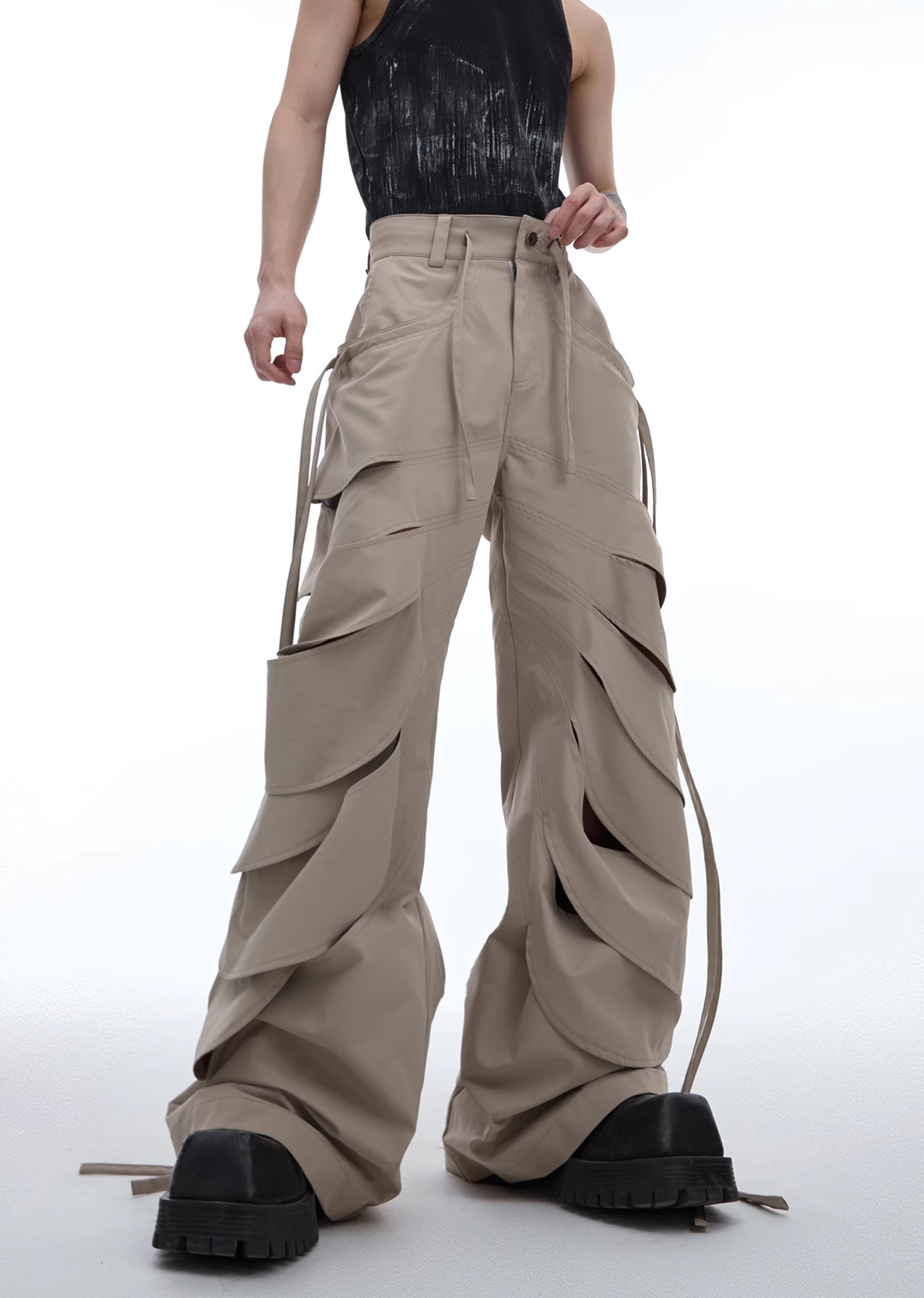 【Culture E】Countless Cut Wide silhouette multi-varied design slacks leather pants  CE0145