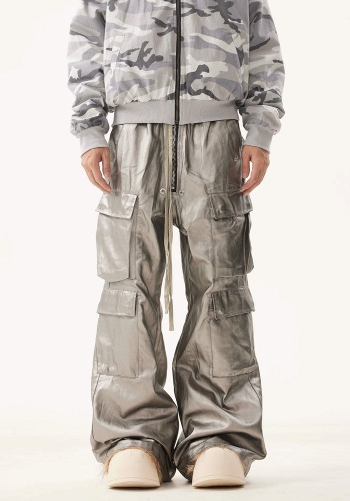 【BTSG】Metallic silver glossy design wide over cargo pants  BS0043