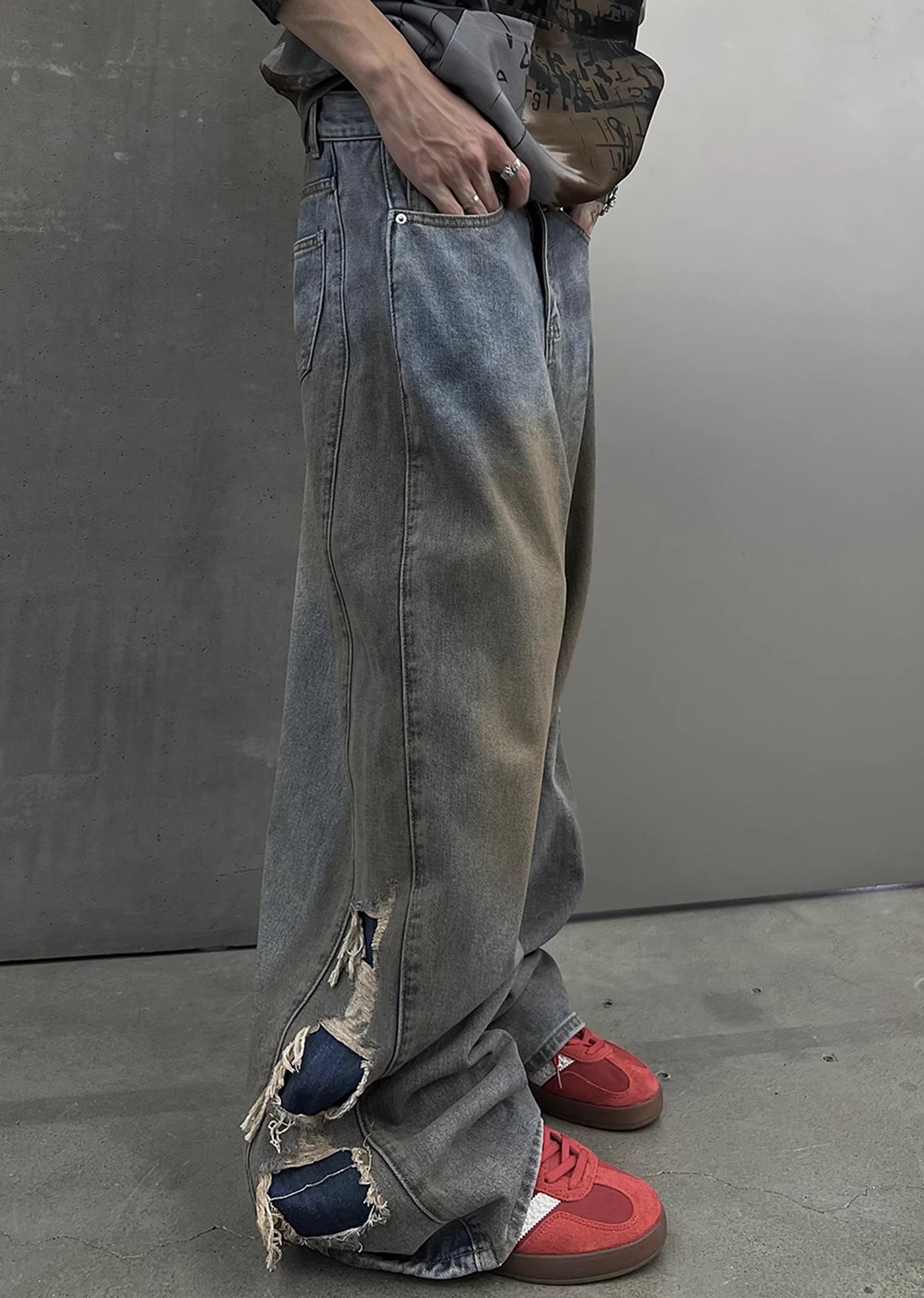 【SOULWORKER】Dull wash finish soil stain color wide denim pants  SW0023