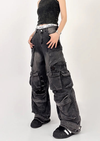 Countless pocket design dull color wide bold denim pants  HL3040
