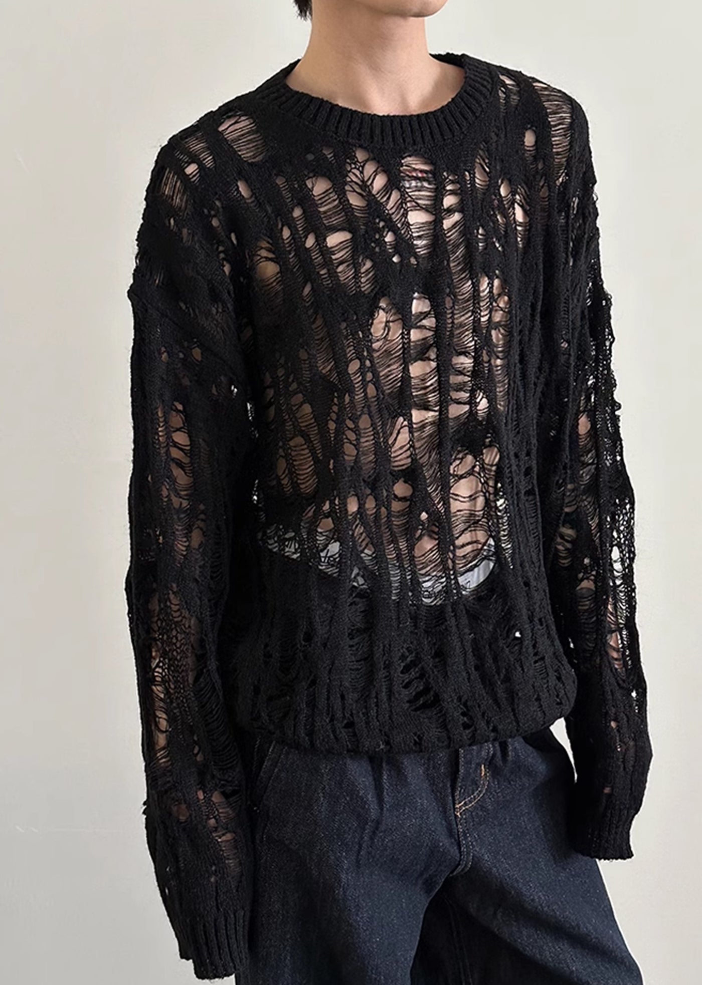 【Very Fewest】Sheer design see-through gimmick color knit sweater  VF0033