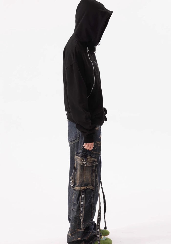 【BTSG】Double-washed gimmick suspender cargo denim pants  BS0033