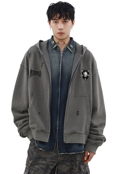 【MR nearly】Dull base color mid-length design damaged full zip hoodie  MR0142