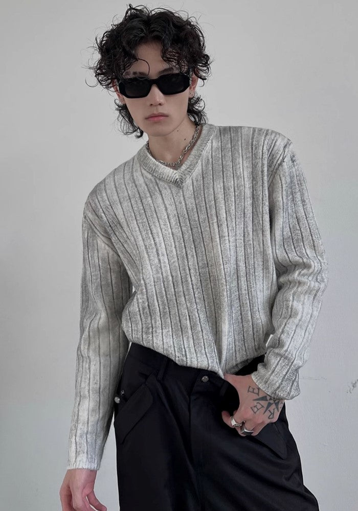 【SOULWORKER】Vertical stripe mid-wash loose style knit sweater  SW0033