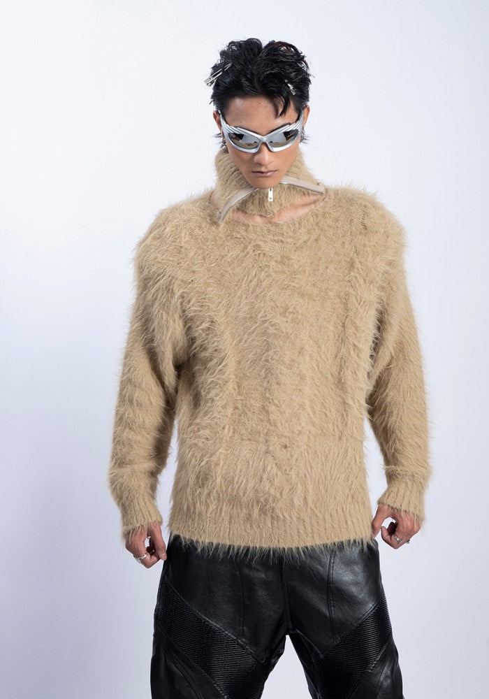 【PLAN1ONE】Mohair-like soft design dull color base knit sweater  PL0048