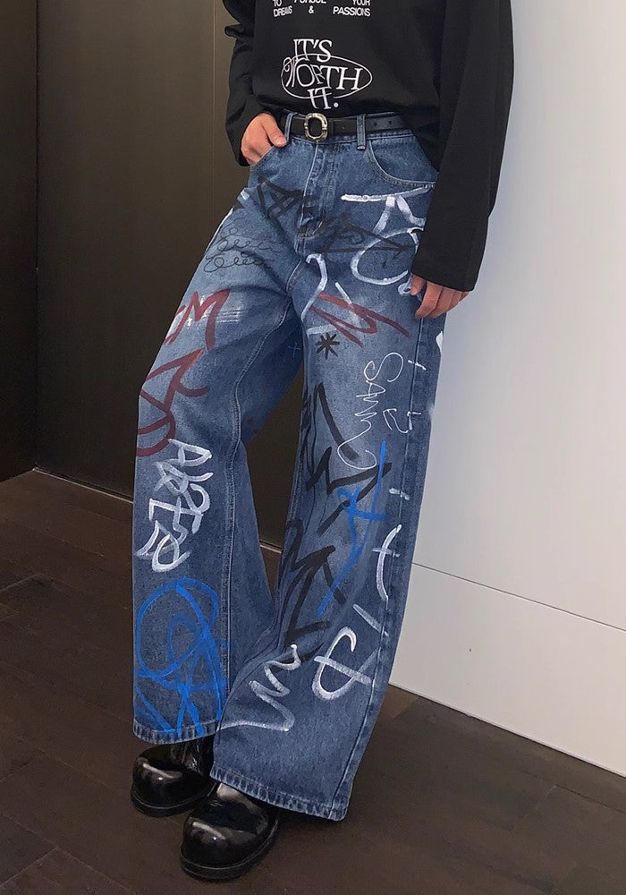 【CUIBUJU】Countless graffiti design casual street wide denim pants  CB0052