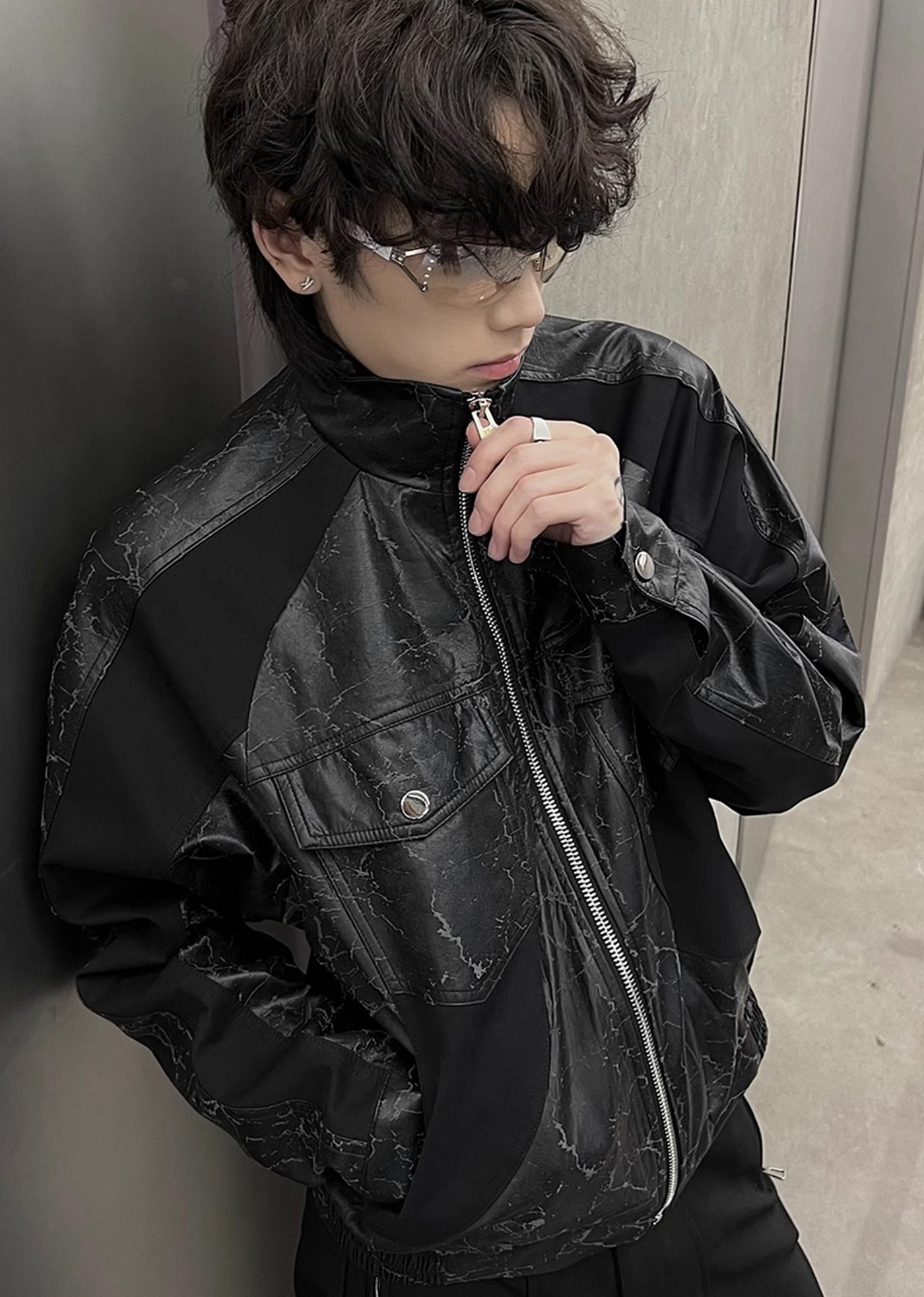 【SOULWORKER】Black Gimmick Leather Wide Full Zip Jacket Outerwear  SW0019