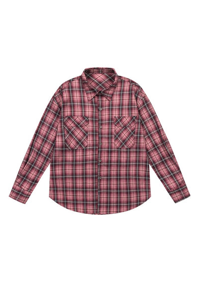 【W3】Basic dark color check pattern design long sleeve shirt  WO0085