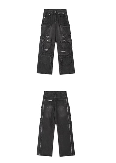 [76street] Countless pocket design dull vintage cargo rise denim pants ST0005