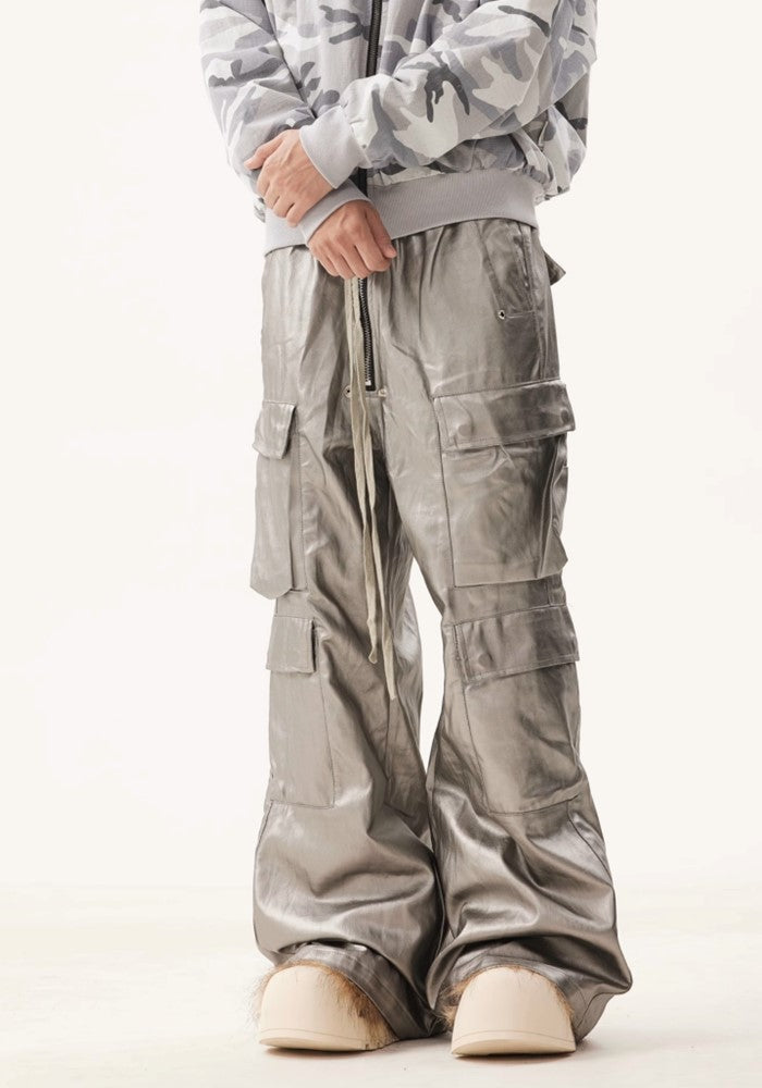 【BTSG】Metallic silver glossy design wide over cargo pants  BS0043