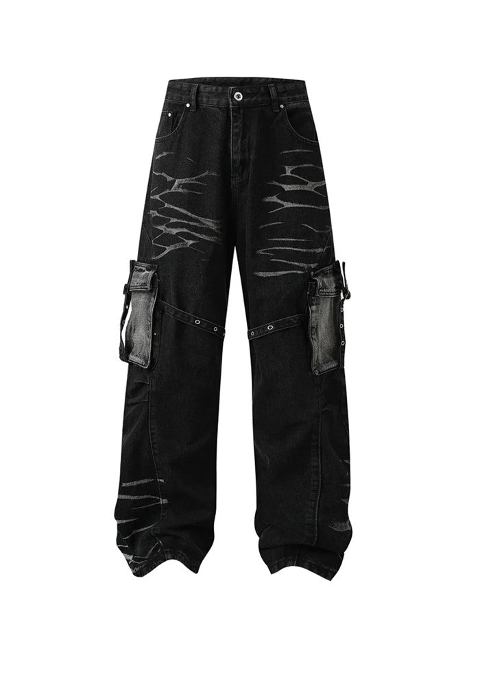 【BTSG】Double-washed gimmick suspender cargo denim pants  BS0023