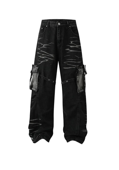 【BTSG】Double-washed gimmick suspender cargo denim pants  BS0033