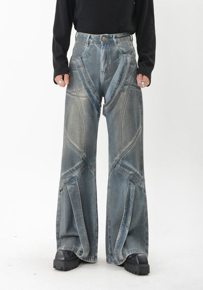 【LUCE GARMENT】Full line design dark dull design wide flare denim pants  LG0059