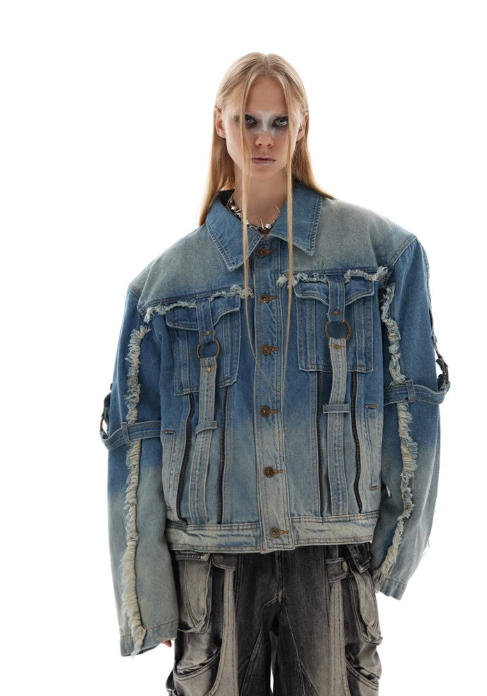 【Culture E】Washed distressed gimmick silhouette design denim jacket  CE0159