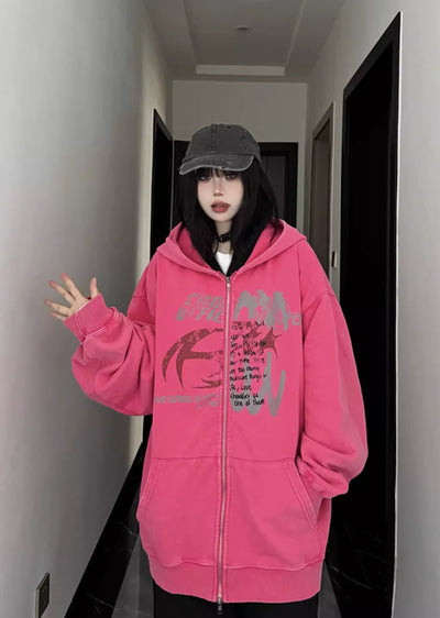 【W3】Double half and half gimmick design full zip grunge hoodie  WO0074