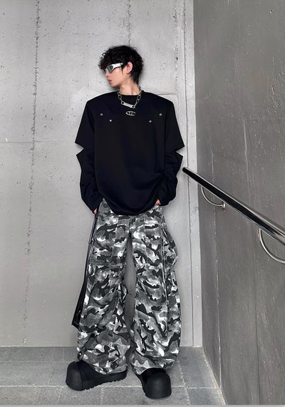 【MARTHENAUT】Dark monotone camouflage color design wide cargo pants  MH0039