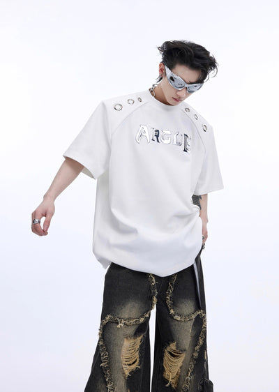【Culture E】Front initial silver attachment patch short sleeve T-shirt  CE0129