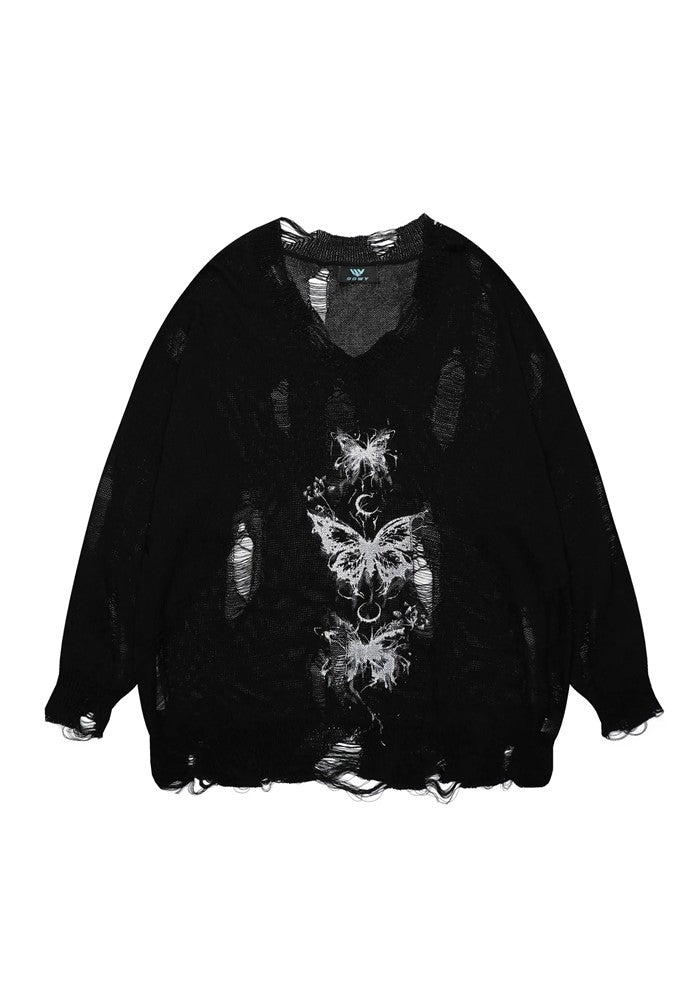 【TR BRUSHSHIFT】Mid-length distressed butterfly design sheer knit  TB0051