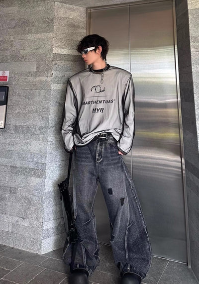 【MARTHENAUT】Double fabric design two-style see-through long sleeve T-shirt  MH0041