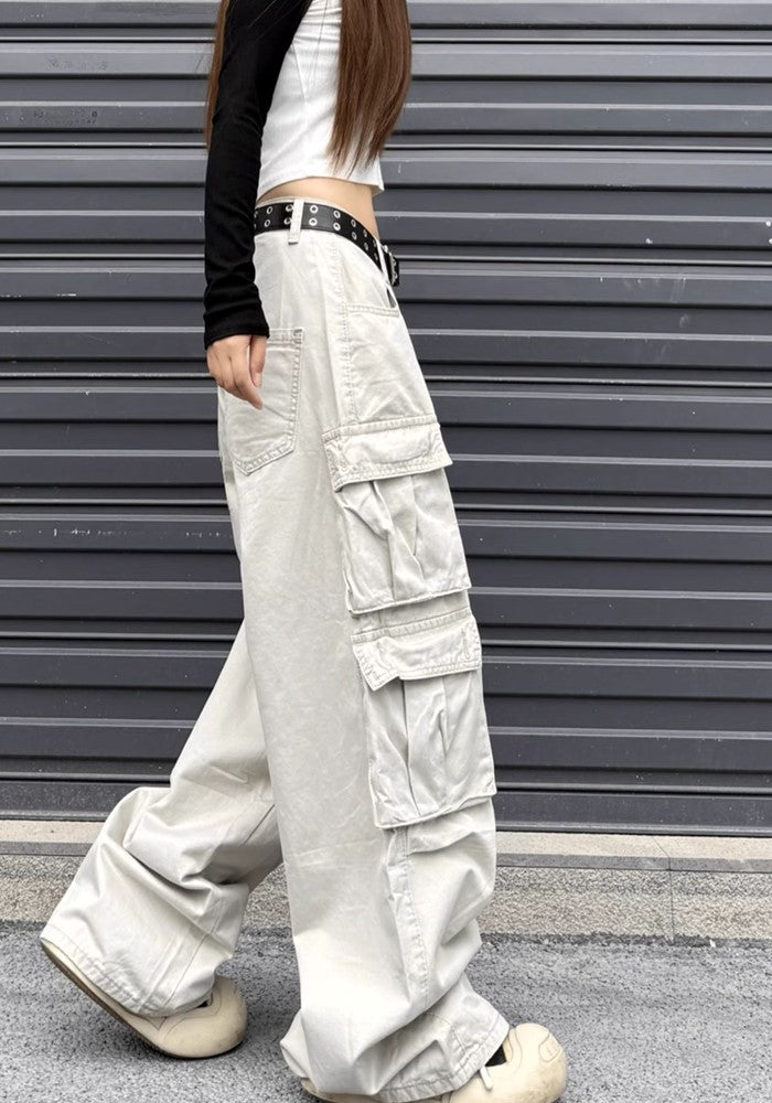 【W3】Double pocket wide silhouette base muted color cargo pants  WO0082