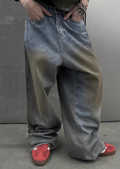 【SOULWORKER】Dull wash finish soil stain color wide denim pants  SW0023