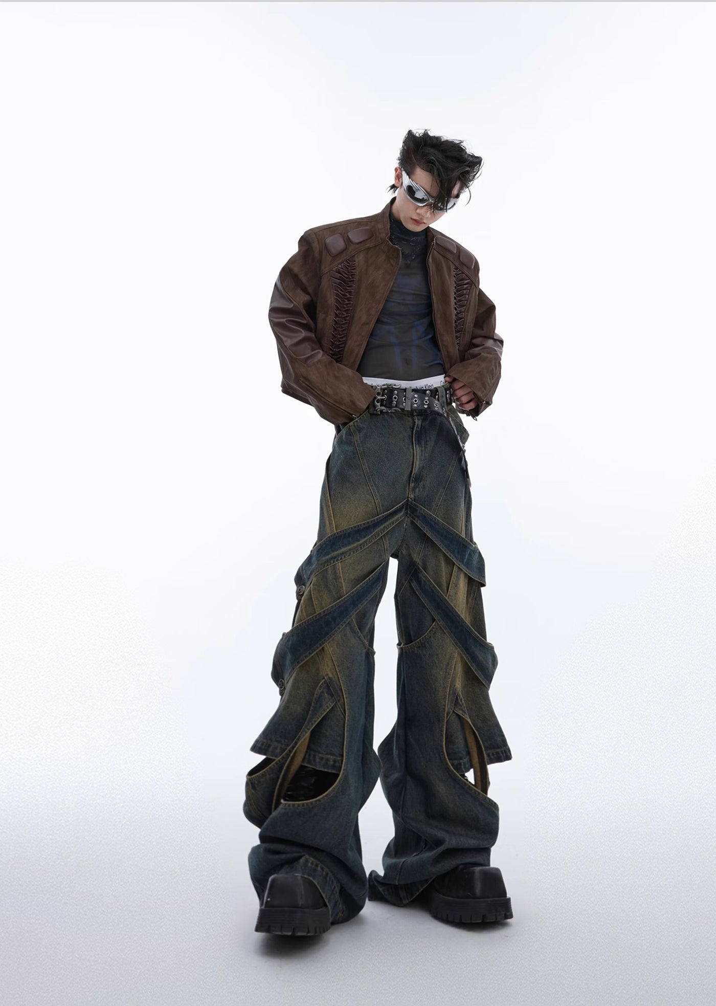 【Culture E】Dull wash cross infinity design denim wide pants  CE0146