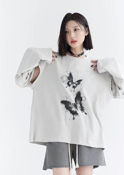 [Universal Gravity Museum] Two butterfly design simple monotone long sleeve T-shirt UG0040