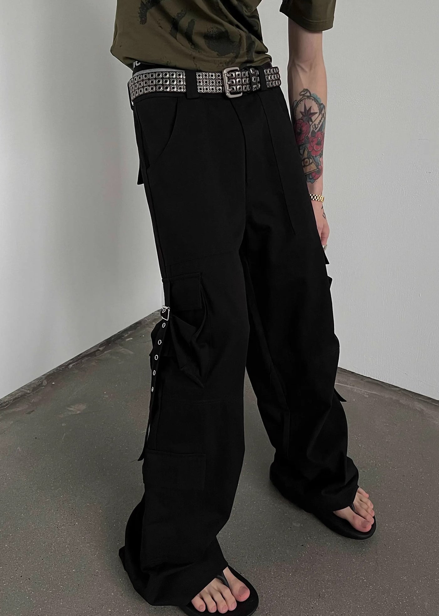 【SOULWORKER】Side suspender design wide style loose cargo pants  SW0029