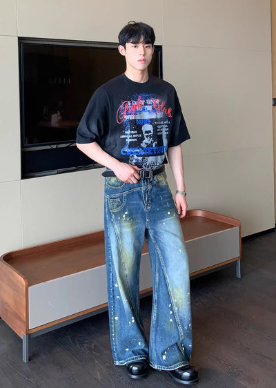 【CUIBUJU】Casually painted design wide blue basic denim pants  CB0047