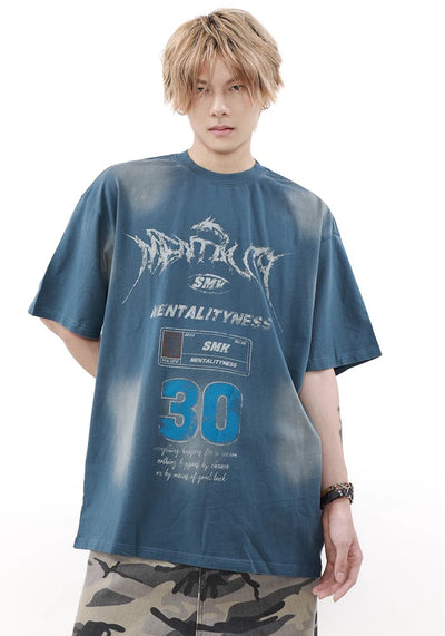 【MR nearly】Grunge wash multi-point initial design short sleeve T-shirt  MR0120