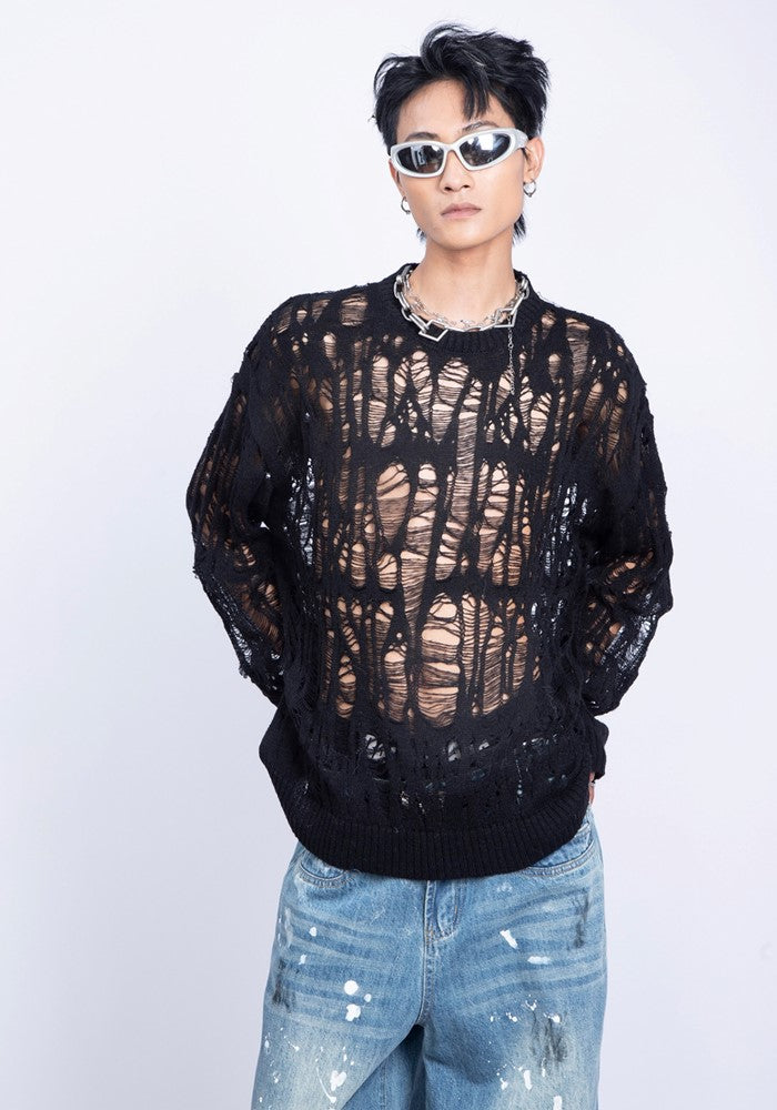 【PLAN1ONE】Mesh-like fully distressed accent fleur knit sweater  PL0044