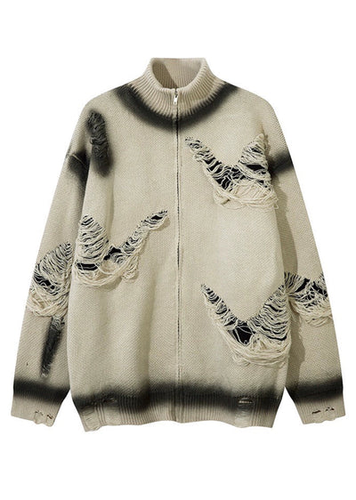 【Mz】High neck mid-wash distressed full zip knit sweater  MZ0056