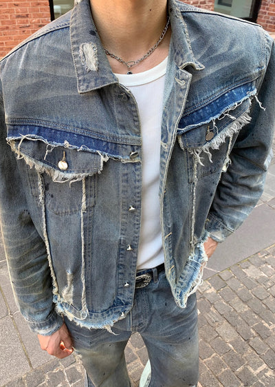 【CUIBUJU】Vintage faded washed distressed denim setup  CB0042