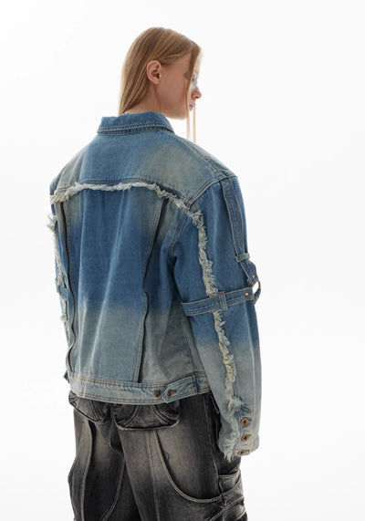 【Culture E】Washed distressed gimmick silhouette design denim jacket  CE0159