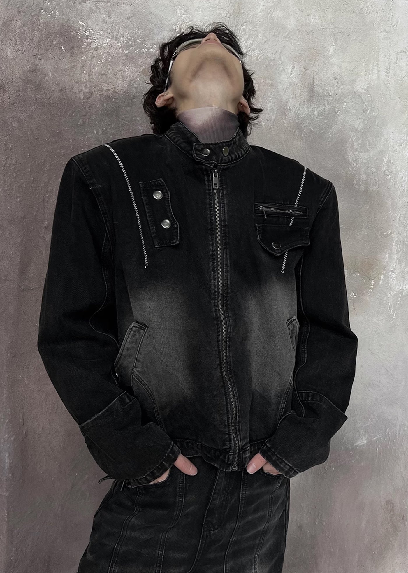 【SOULWORKER】Neck patch design band collar silhouette denim jacket  SW0031