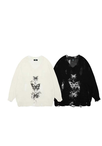 【TR BRUSHSHIFT】Mid-length distressed butterfly design sheer knit  TB0051