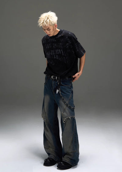 【MAXDSTR】Single suspender design random wash wide denim pants  MD0171