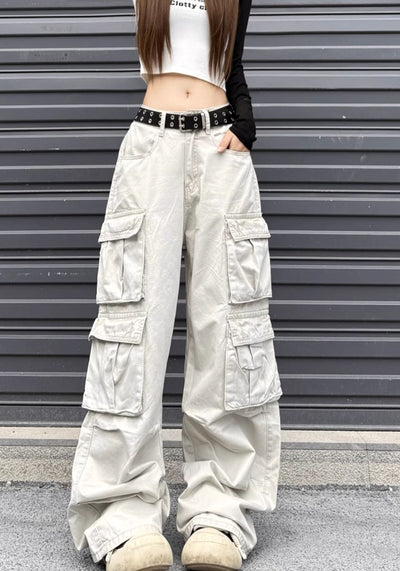 【W3】Double pocket wide silhouette base muted color cargo pants  WO0082