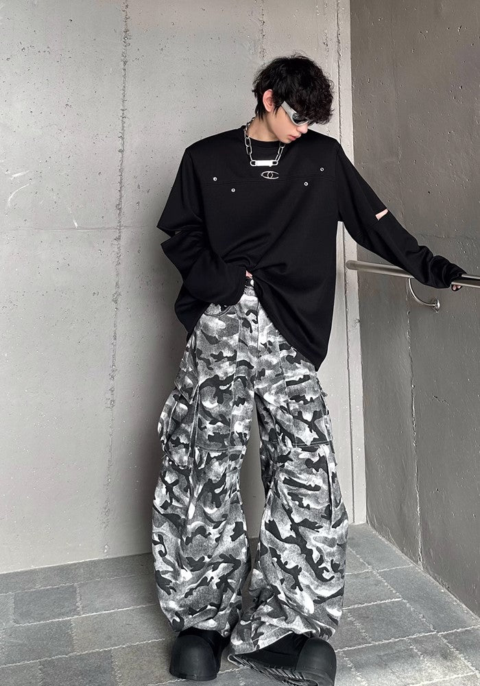 【MARTHENAUT】Dark monotone camouflage color design wide cargo pants  MH0039