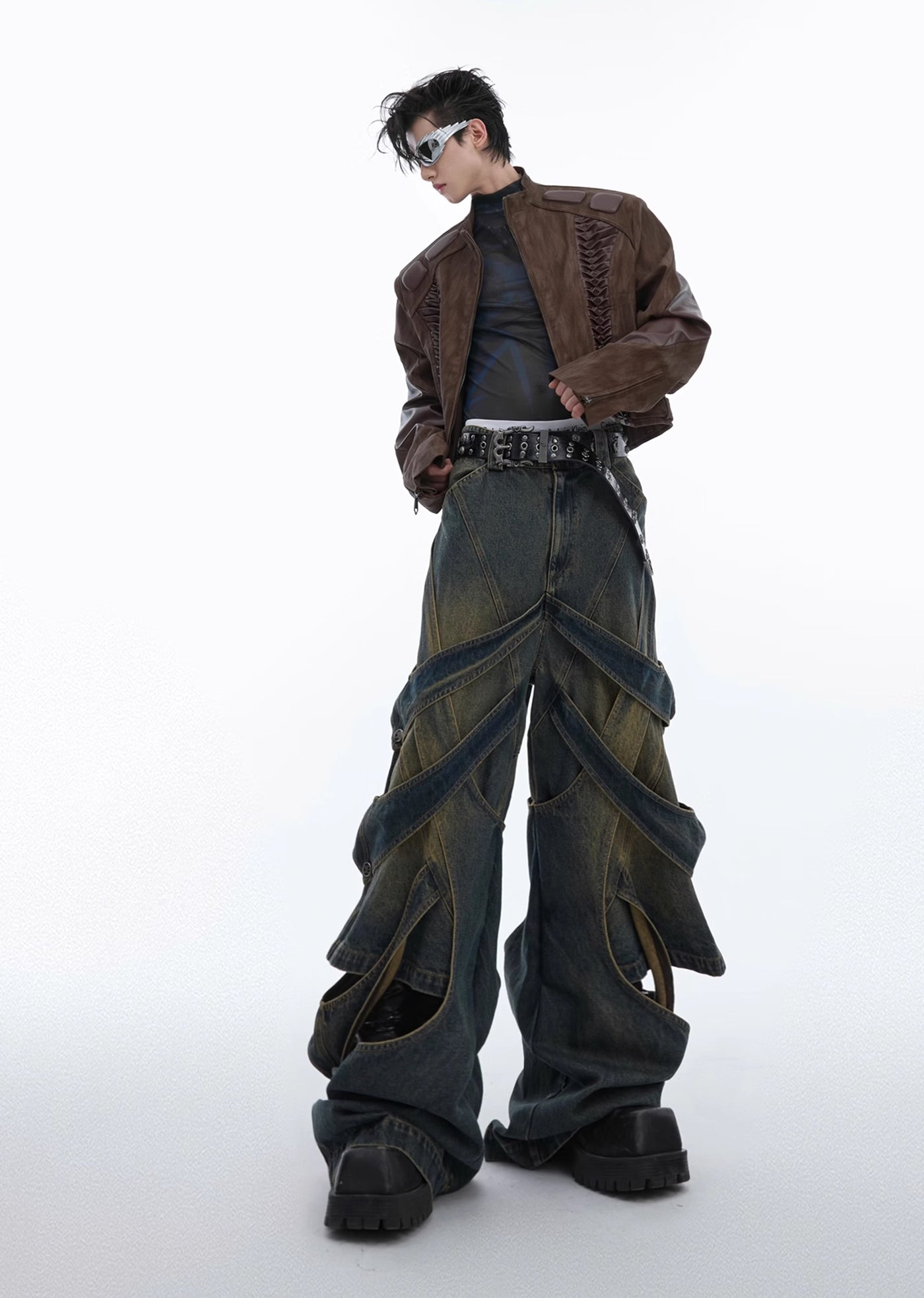 【Culture E】Dull wash cross infinity design denim wide pants  CE0146