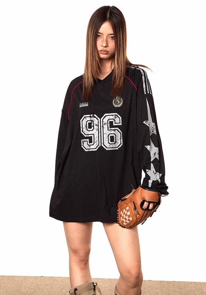 【BLACK BB】Number initial logo design star side long sleeve T-shirt  BK0049