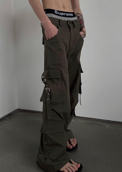 【SOULWORKER】Side suspender design wide style loose cargo pants  SW0029