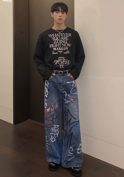 【CUIBUJU】Countless graffiti design casual street wide denim pants  CB0052