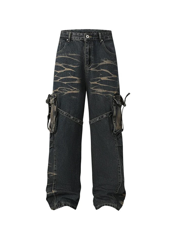 【BTSG】Double-washed gimmick suspender cargo denim pants  BS0033